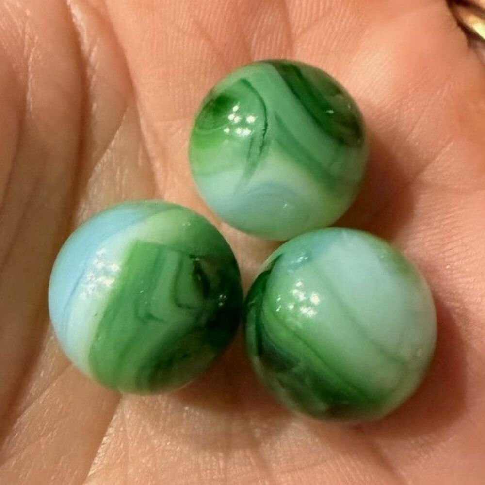 VTG. Green & White Slag/Swirl Glass Toy Marbles Lot of 3 Machine Made Arko Agate